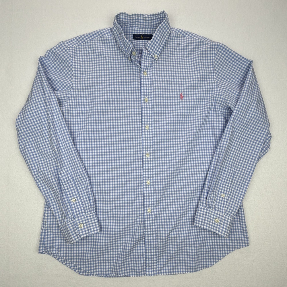 Ralph Lauren Mens XL Blue Gingham Cotton Long Sleeve Button Down Shirt